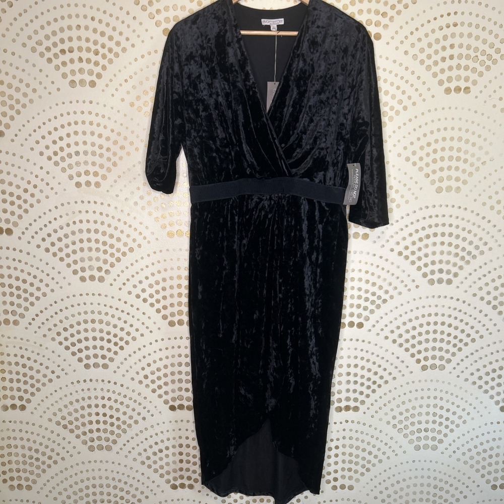 NEW Black Velvet LARGE Midi Dress V ASYMMETRIC Elastic, Front Slit Witchy Goth